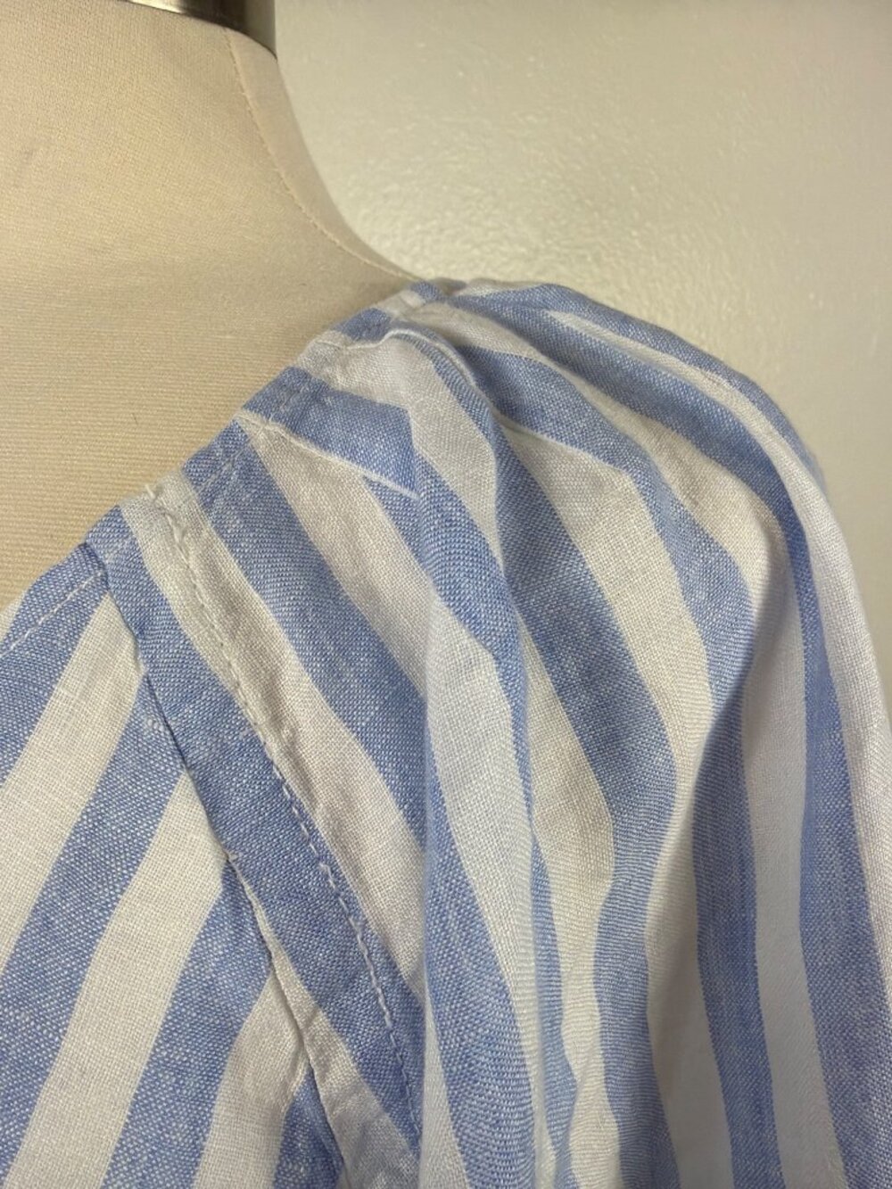 Everlane Linen Midi Dress Blue White Stripe Puff Sleeve Pockets L NWOT - Picture 7 of 16